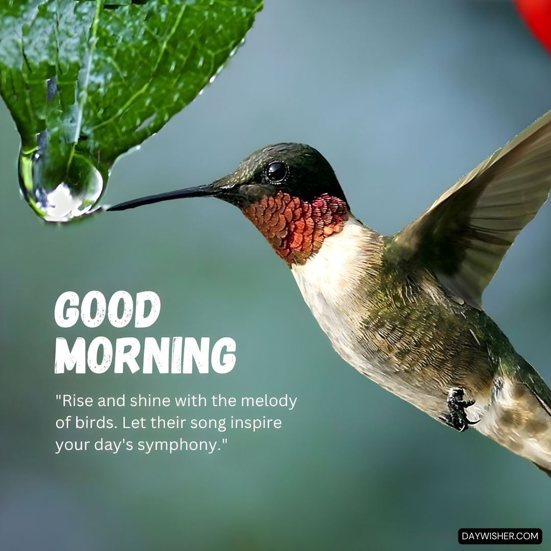 A hummingbird in mid-flight near a large green leaf with a droplet of water poised to fall, captured in stunning clarity. The hummingbird, with iridescent throat feathers shimmering in shades of red and brown, hovers gracefully. The background is a soothing green, emphasizing the freshness of the morning. Accompanying the image is the greeting 'Good Morning' along with an inspiring message: 'Rise and shine with the melody of birds. Let their song inspire your day's symphony