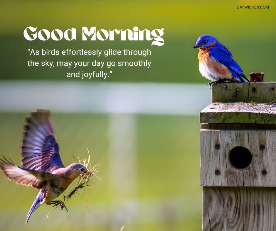 A vibrant image featuring two bluebirds near a wooden birdhouse on a clear day. One bluebird is perched calmly on the roof, while the other is captured in mid-flight, carrying nesting materials. The lush green background suggests a peaceful, natural setting. The image is adorned with the text 'Good Morning' and a hopeful message: 'As birds effortlessly glide through the sky, may your day go smoothly and joyfully