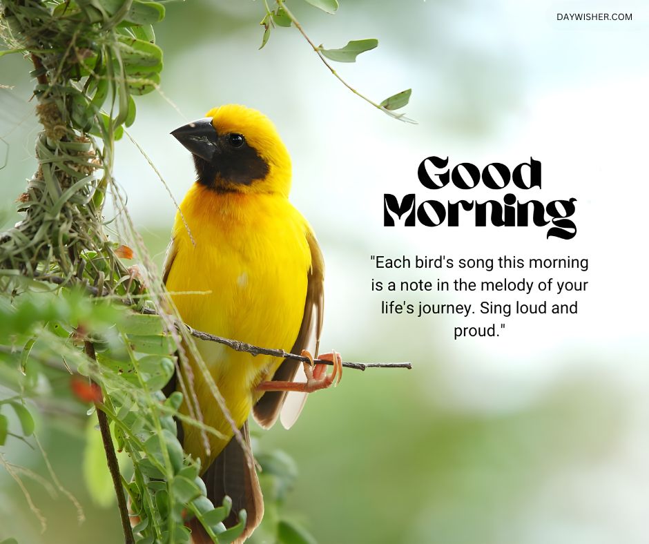 A bright yellow bird with a striking black head perches elegantly amid lush greenery, featuring delicate vines and leaves. The serene setting emphasizes the bird's vibrant color and peaceful demeanor. The phrase 'Good Morning' is displayed prominently at the top, accompanied by an uplifting quote: 'Each bird's song this morning is a note in the melody of your life's journey. Sing loud and proud.