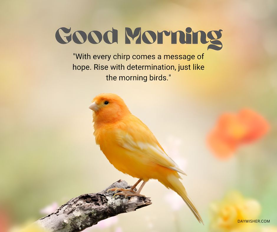 A vibrant orange canary perches on a twig against a softly blurred background of greens and yellows. Above the bird, the text 'Good Morning' in elegant script is complemented by an inspirational quote: 'With every chirp comes a message of hope. Rise with determination, just like the morning birds.' A subtle floral blur in shades of orange and yellow enhances the serene morning theme