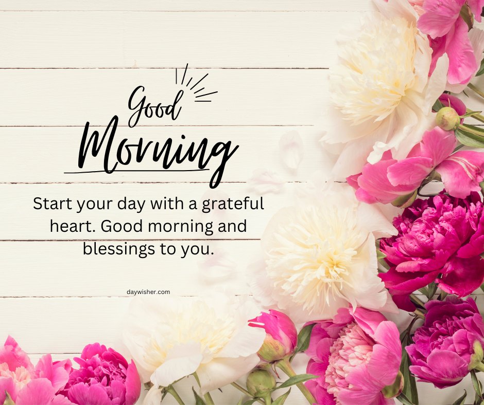 A beautiful good morning blessings image featuring a bouquet of vibrant pink and white flowers with the message "Good Morning. Start your day with a grateful heart. Good morning and blessings to you." The flowers are set against a white wooden background, creating a serene and uplifting atmosphere. This inspirational and positive morning greeting is perfect for sharing heartfelt blessings to start the day on a thankful and cheerful note.