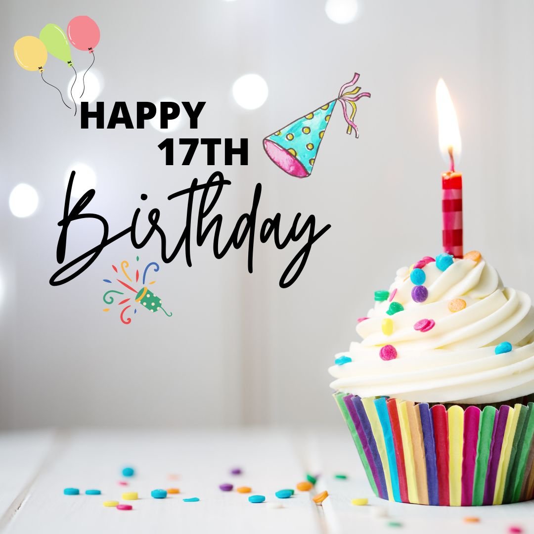 A festive image featuring a colorful cupcake with a lit candle and "Happy 17th Birthday" text, surrounded by confetti and balloons against a blurred light background.
