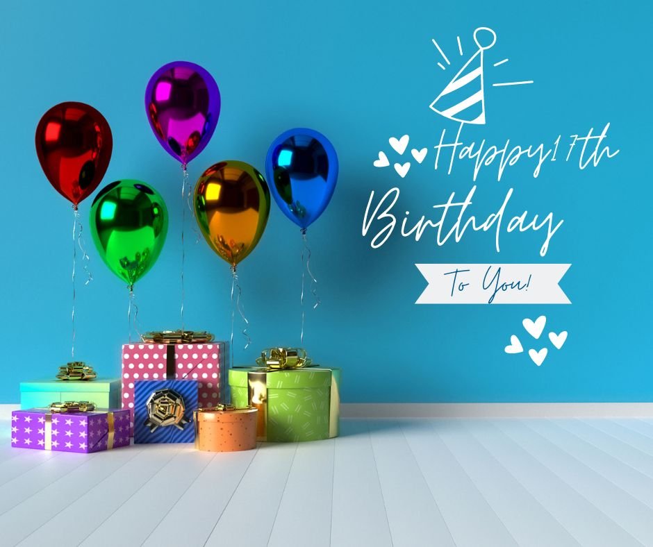 A festive birthday setup with colorful balloons and wrapped gifts against a blue wall, featuring happy 17th birthday images.