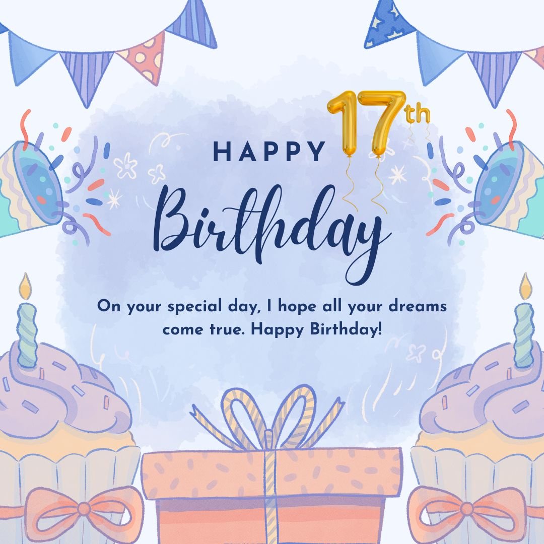 Illustrated 17th birthday card featuring cakes, candles, gifts, and confetti with a central message hoping all dreams come true, surrounded by happy 17th birthday images.