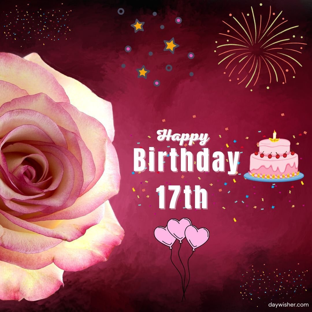 A vibrant birthday greeting card features a close-up of a pink rose on a dark pink background, with a birthday cake, balloons, and stars illustration, and the text "Happy 17th Birthday.