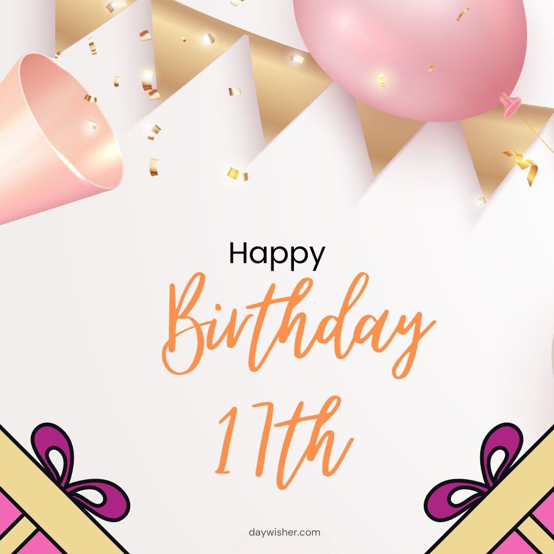 A birthday greeting image with the text "Happy 17th Birthday" in orange script, surrounded by pink and white balloons, gold confetti, and purple gift bows on a light background.