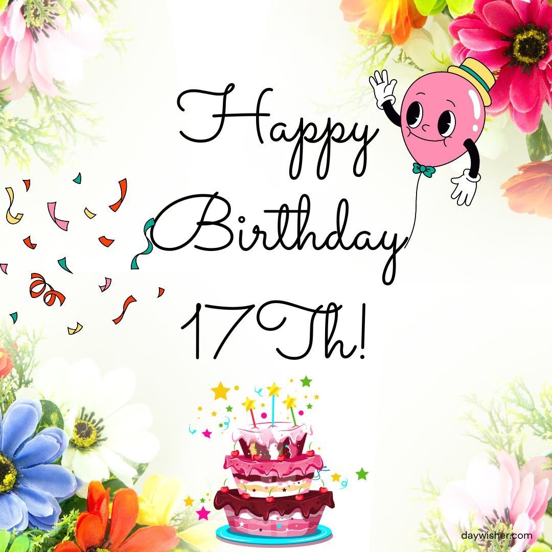 A festive "Happy 17th Birthday" card featuring vibrant flowers, a cheerful cartoon character waving, colorful confetti, and a three-tiered pink cake topped with stars.