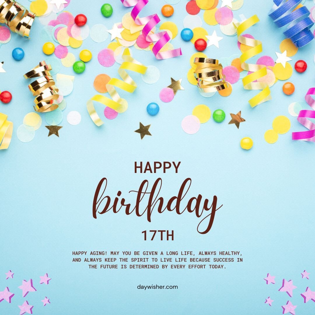 A festive birthday card displaying "Happy 17th Birthday Images" with colorful confetti, streamers, and decorative ribbons scattered around the text on a light blue background.