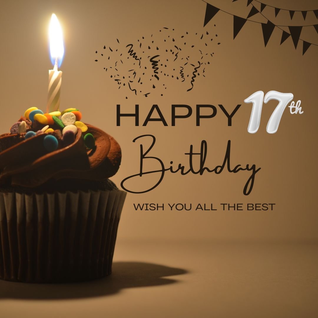 A chocolate cupcake with colorful sprinkles and a single lit candle, against a dark background with "17th birthday" and festive decorations illustrated above.