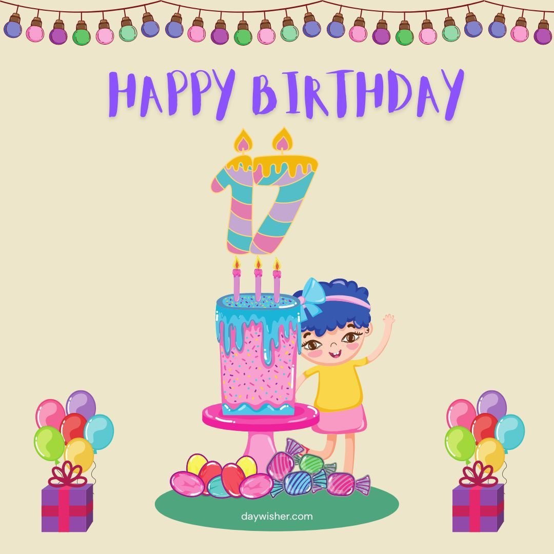 A cartoon illustration of a child with blue hair waving by a cake with seventeen candles, surrounded by balloons and gifts, under a "Happy 17th Birthday" banner. Bright, festive colors.