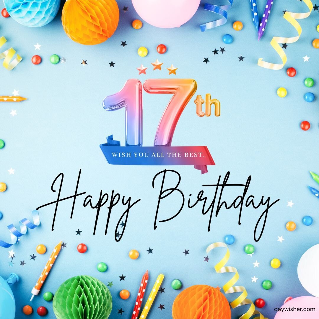 A festive 17th birthday card with the message "Happy 17th Birthday" surrounded by colorful party decorations like confetti, streamers, balloons, and paper balls on a light blue background.