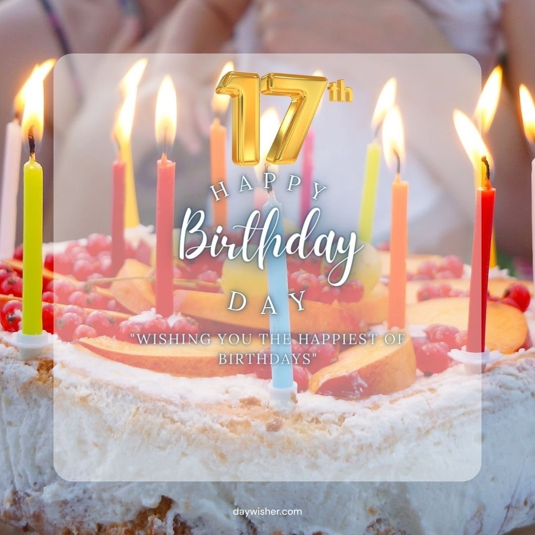 A 17th birthday cake with lit candles, fruit toppings, and a "Happy 17th Birthday" graphic overlay with the text "wishing you the happiest of birthdays.