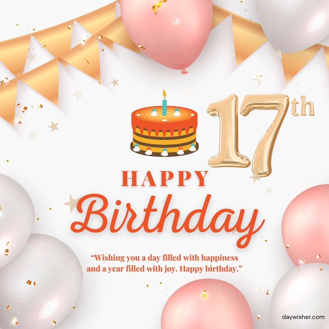 A festive birthday card featuring "happy 17th birthday" in bold, with a colorful cake, a lit candle, and gold and pink balloons surrounded by confetti and a birthday wish text.