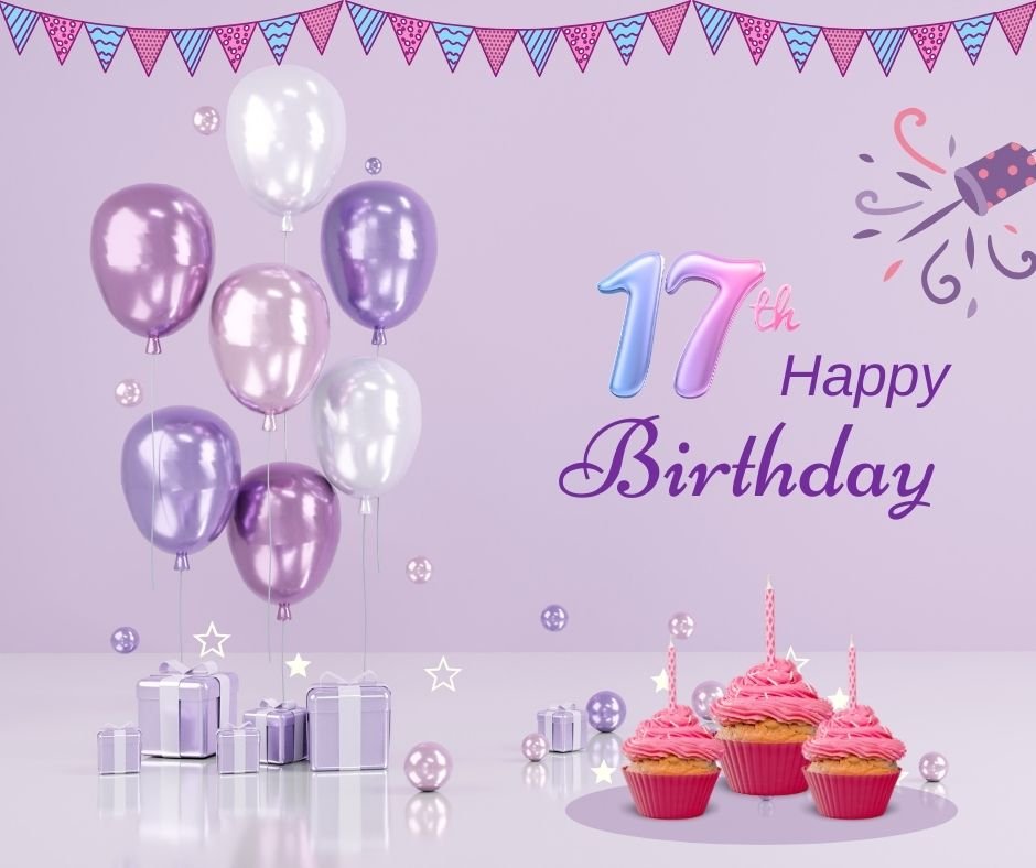 A festive 17th birthday celebration setup with purple and white balloons, pink-frosted cupcakes, small silver gift boxes, and decorations featuring confetti and star motifs against a purple background in happy 