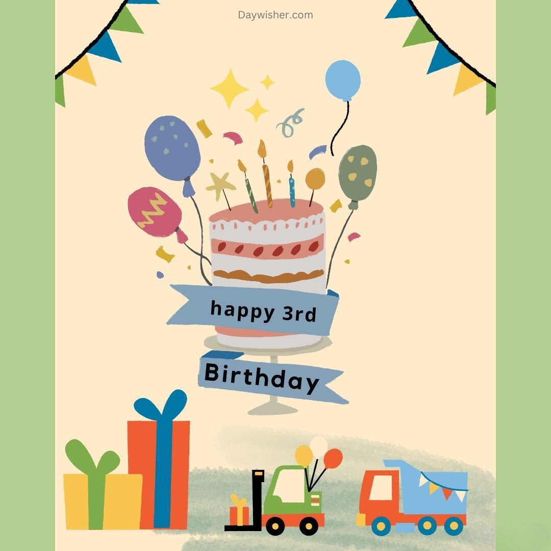 Illustrative happy 3rd birthday card featuring a cake with candles, colorful balloons, gifts, and toy trucks, all under hanging festive banners.