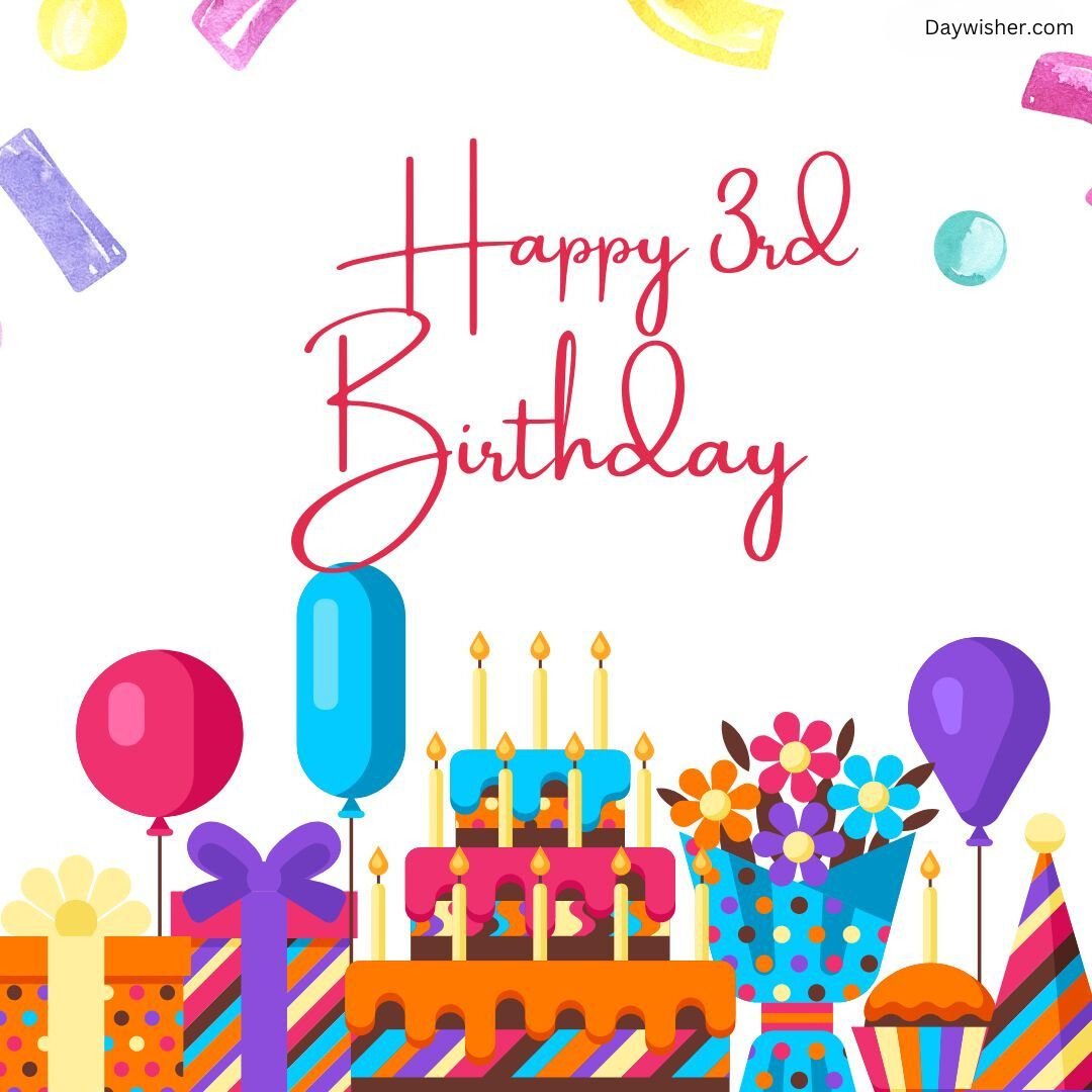 Colorful graphic for boys and girls celebrating a 3rd birthday with text "Happy 3rd Birthday," featuring balloons, gifts, a cake with candles, and festive decorations.