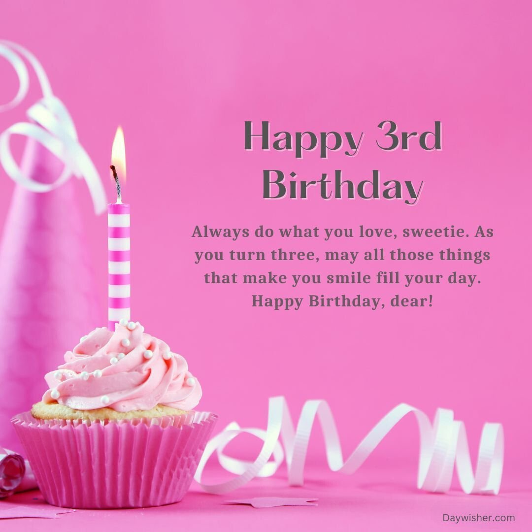 A birthday greeting image featuring a festive pink cupcake with a single lit candle on a pink background, accompanying a sweet message celebrating a happy 3rd birthday.