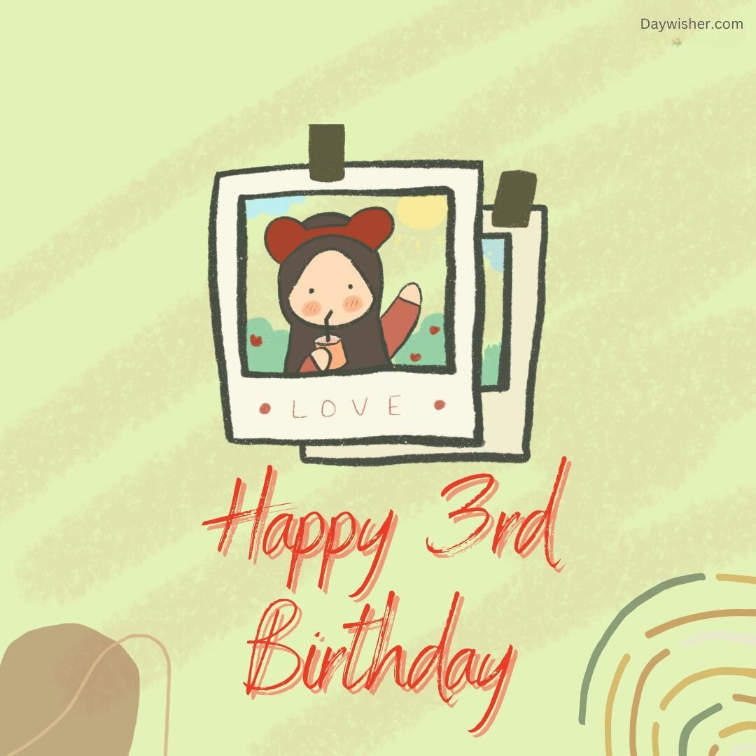 A cheerful birthday image of a "happy 3rd birthday" greeting featuring a cute cartoon rabbit posing in a photo frame marked with the word "love" on a soft green background with subtle patterns.