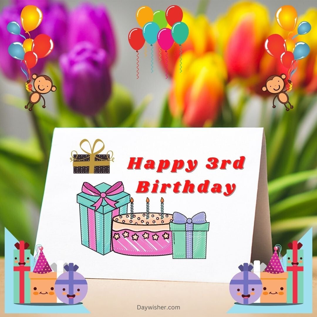 A colorful birthday card for boys and girls reading "Happy 3rd Birthday" surrounded by illustrated gifts, cake, and balloons, set against a backdrop of vibrant tulips.