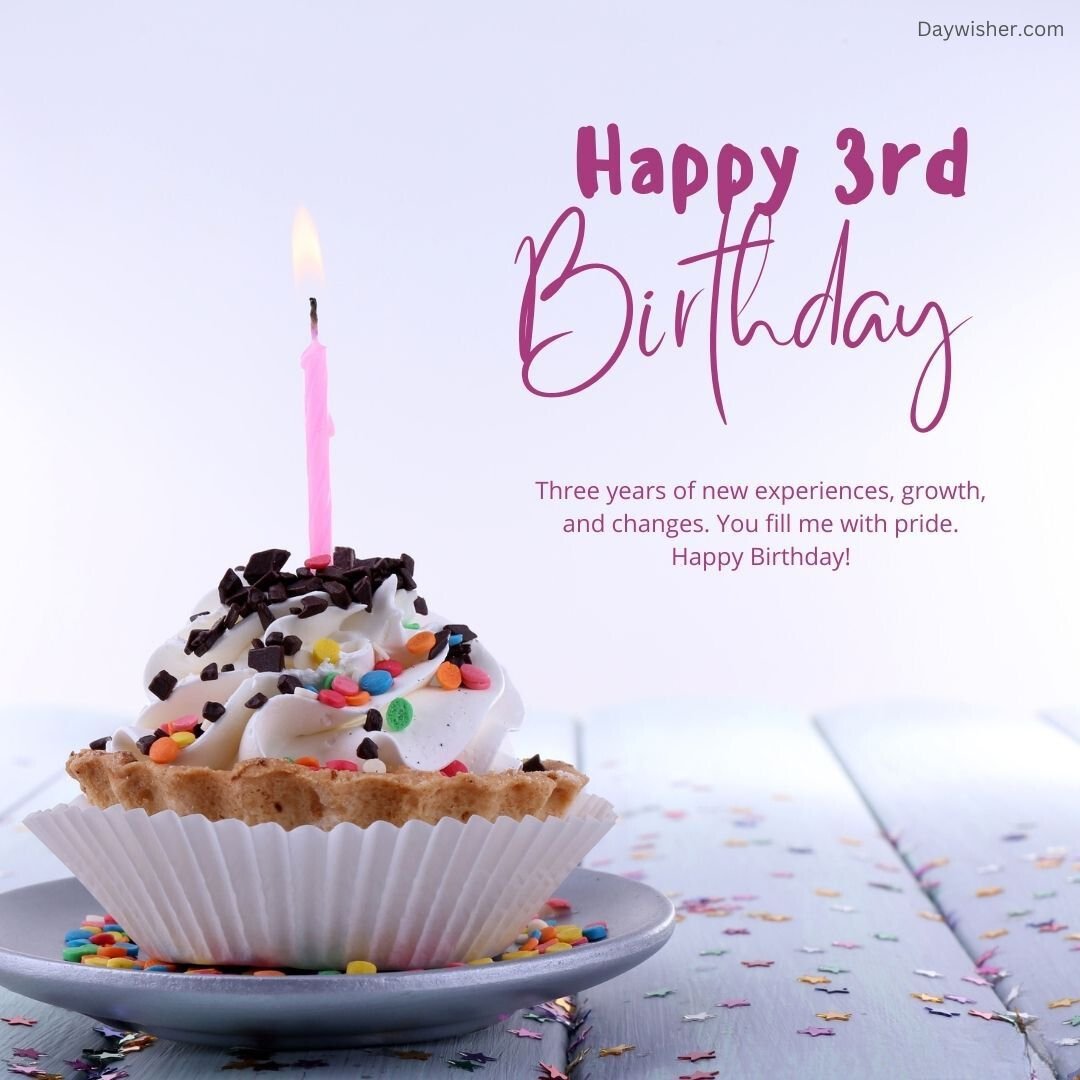 A birthday cupcake with a lit pink candle, topped with whipped cream and colorful sprinkles. Text reads "happy 3rd birthday" with a message about growth and pride, suitable for boys and