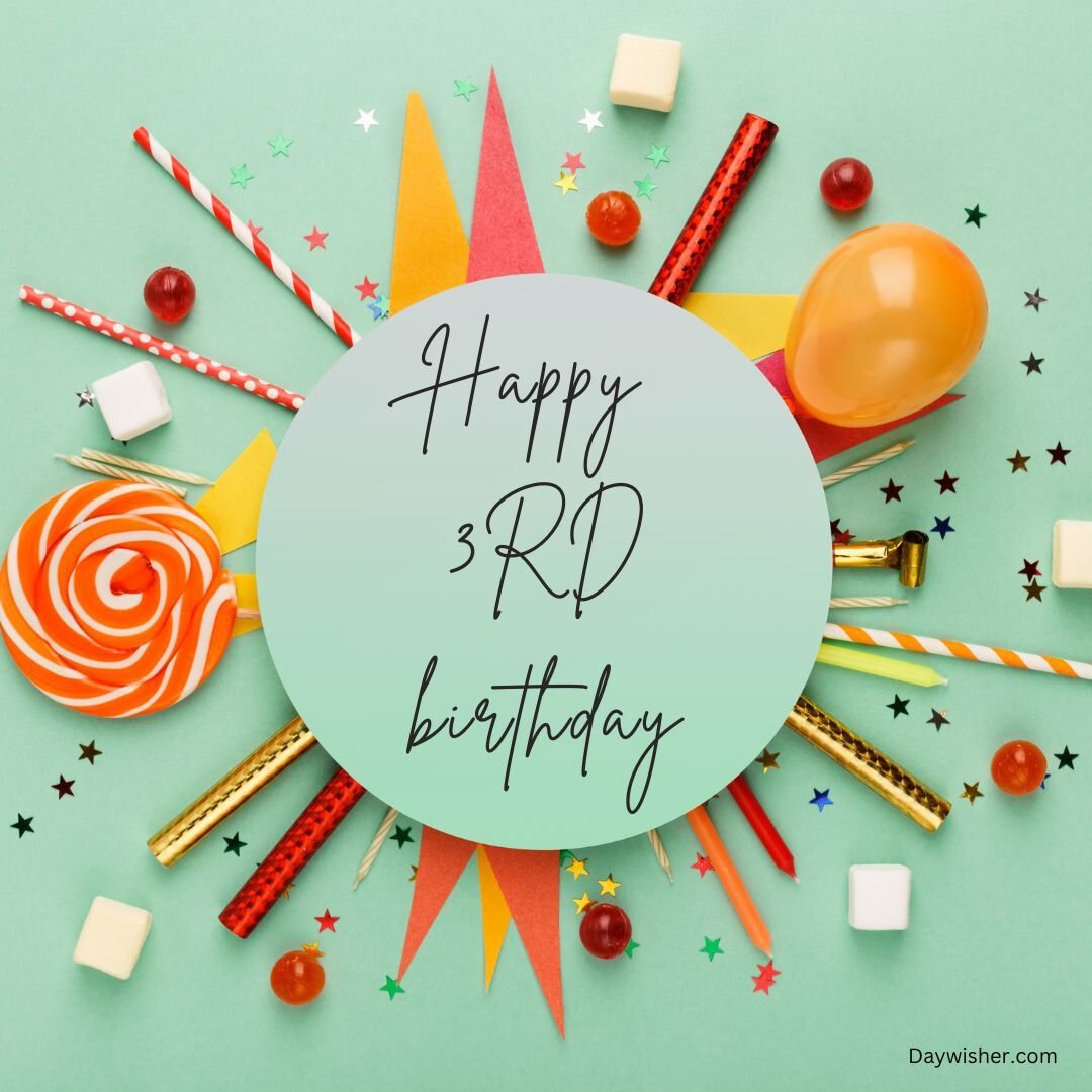 A festive birthday background featuring the text "Happy 3rd Birthday" on a circular white card, surrounded by colorful party items like hats, confetti, and sweets on a green surface. This cheerful
