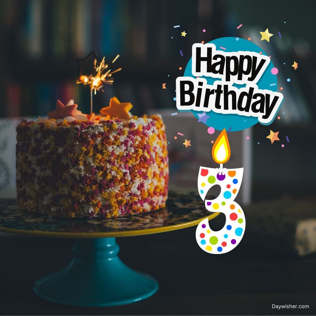 A festive birthday cake with colorful sprinkles and a lit sparkler on a blue cake stand, alongside a vibrant "Happy 3rd Birthday" graphic and a number 3 candle.