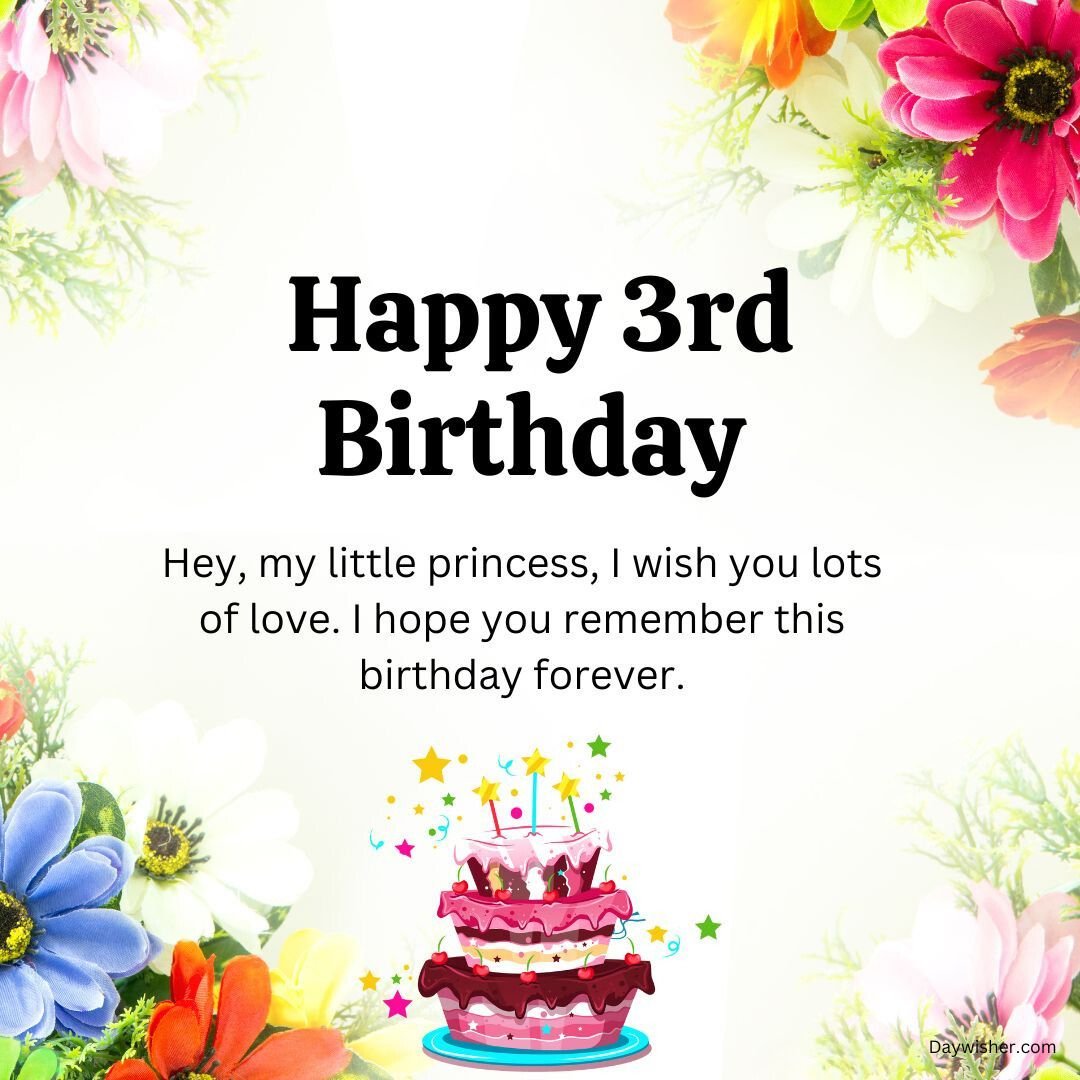 Greeting card for a third birthday with the message "happy 3rd birthday" surrounded by colorful flowers and a three-tiered cake, wishing a 'little princess' a memorable day. This design