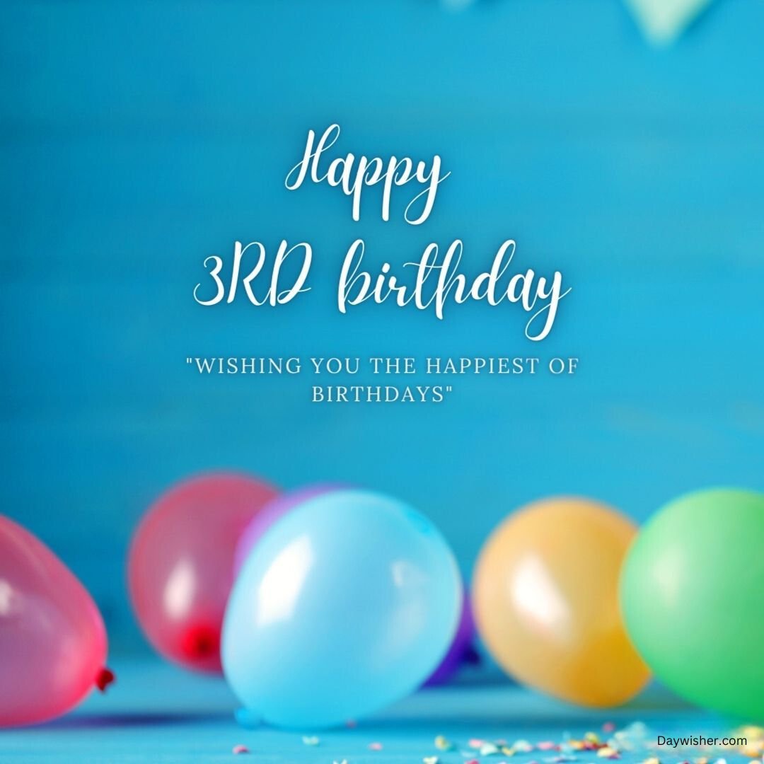 A festive birthday image for boys and girls with the text "happy 3rd birthday" and "wishing you the happiest of birthdays" on a blue background, surrounded by colorful balloons and confetti