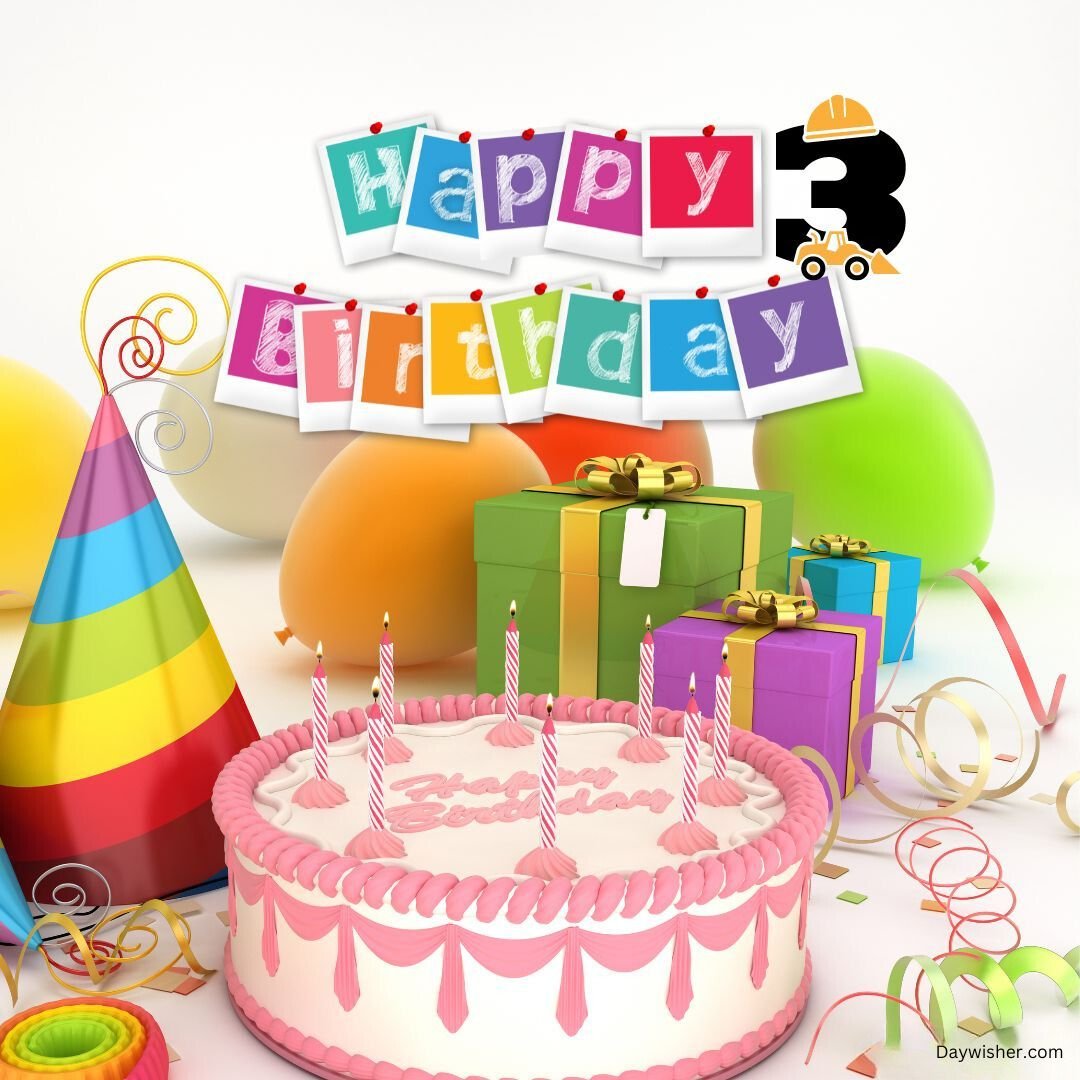 Colorful 3rd birthday celebration setup with a cake, balloons, gifts, party hat, and "happy 3rd birthday" written in 3D letters hanging above, all against a white