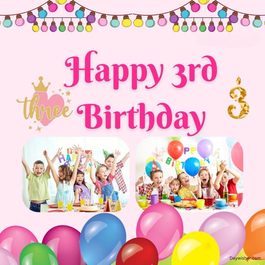 Colorful birthday card reading "happy 3rd birthday" with a crown and number 3, features images of boys and girls celebrating, surrounded by balloons and party decorations.