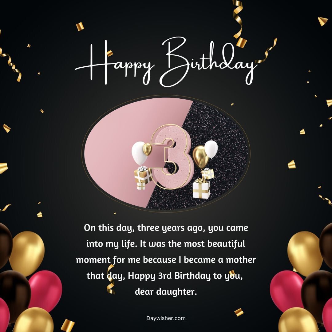Elegant 3rd birthday card with a pink and black theme, featuring the number 3, and a heartfelt birthday message, accompanied by confetti and balloons.