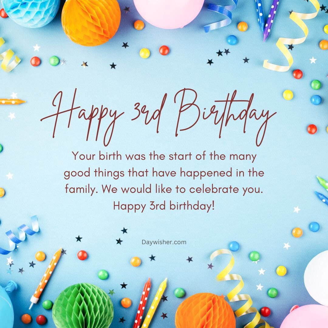 A colorful birthday greeting card with the message "happy 3rd birthday" in elegant script, surrounded by festive decorations like balloons, confetti, and paper lanterns on a light blue background, perfect