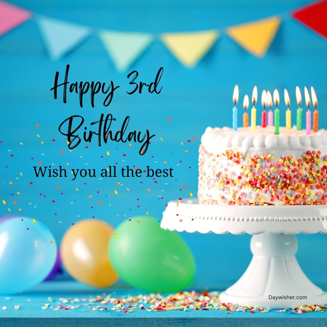 A festive 3rd birthday setup featuring a white cake with colorful sprinkles and lit candles, surrounded by balloons, against a blue backdrop with hanging flags. The text on the image says "happy 