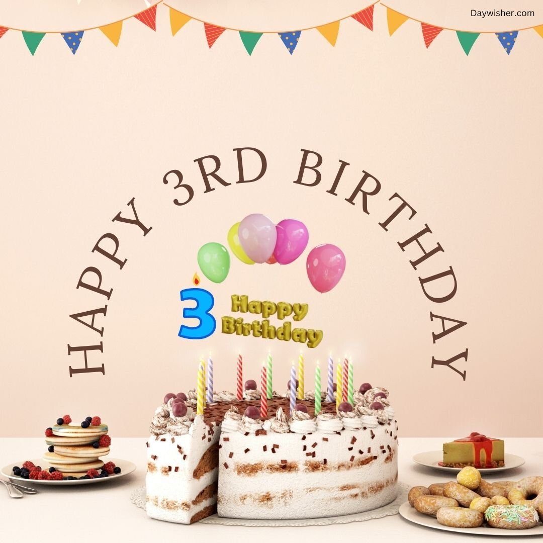 A festive setup for a 3rd birthday celebration with a cake having candles, a "happy 3rd birthday" topper, surrounded by sweets, and decorated with hanging colorful flags.