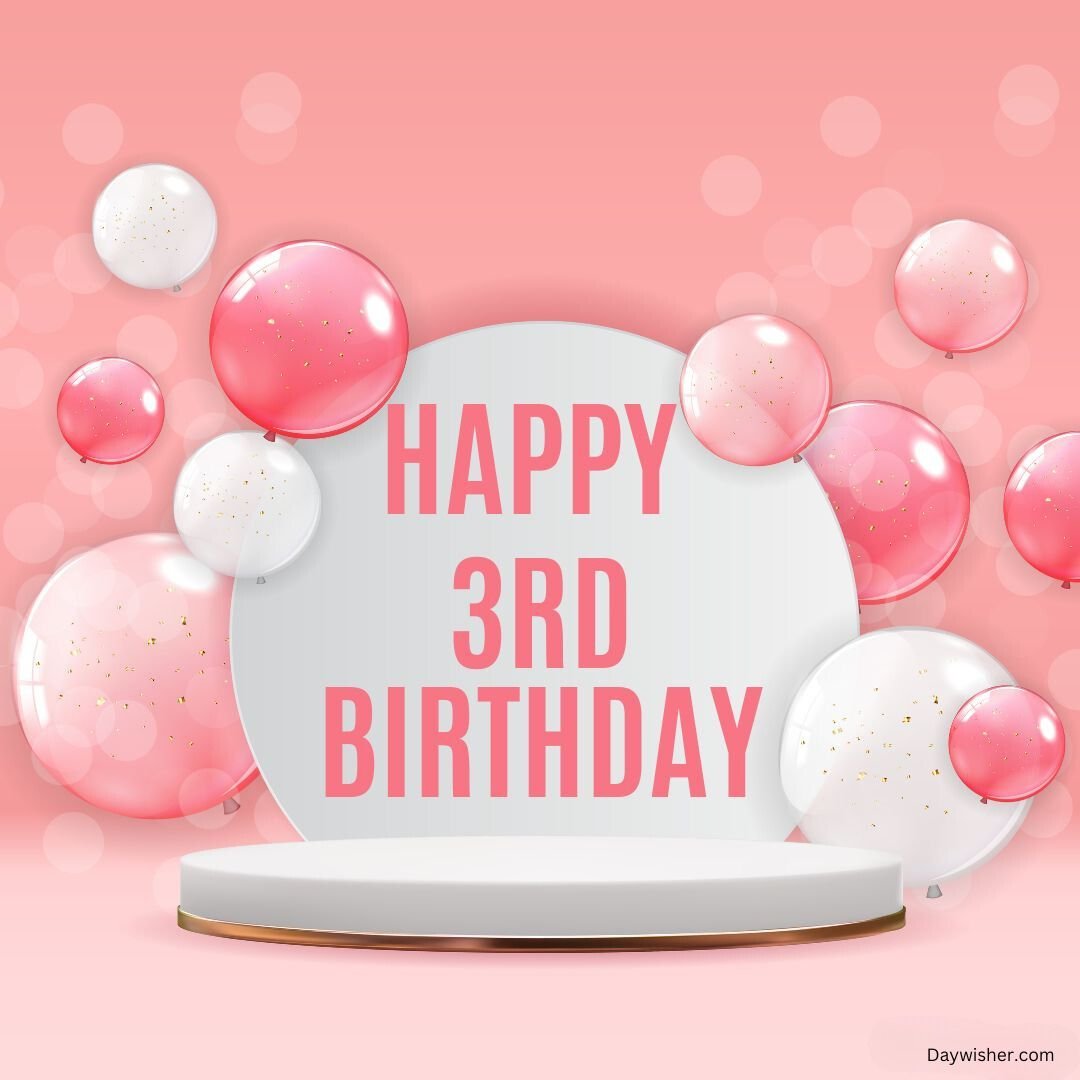 A festive birthday card design featuring "Happy 3rd Birthday" in bold letters on a circular white banner, surrounded by pink and white balloons on a soft pink background, perfect for both boys and girls