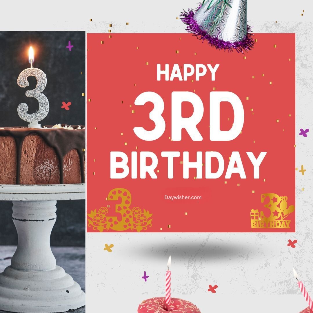 A vibrant graphic celebrating a 3rd birthday for boys and girls with a large text "happy 3rd birthday" on a red background, surrounded by confetti and illustrations of cakes and birthday hats