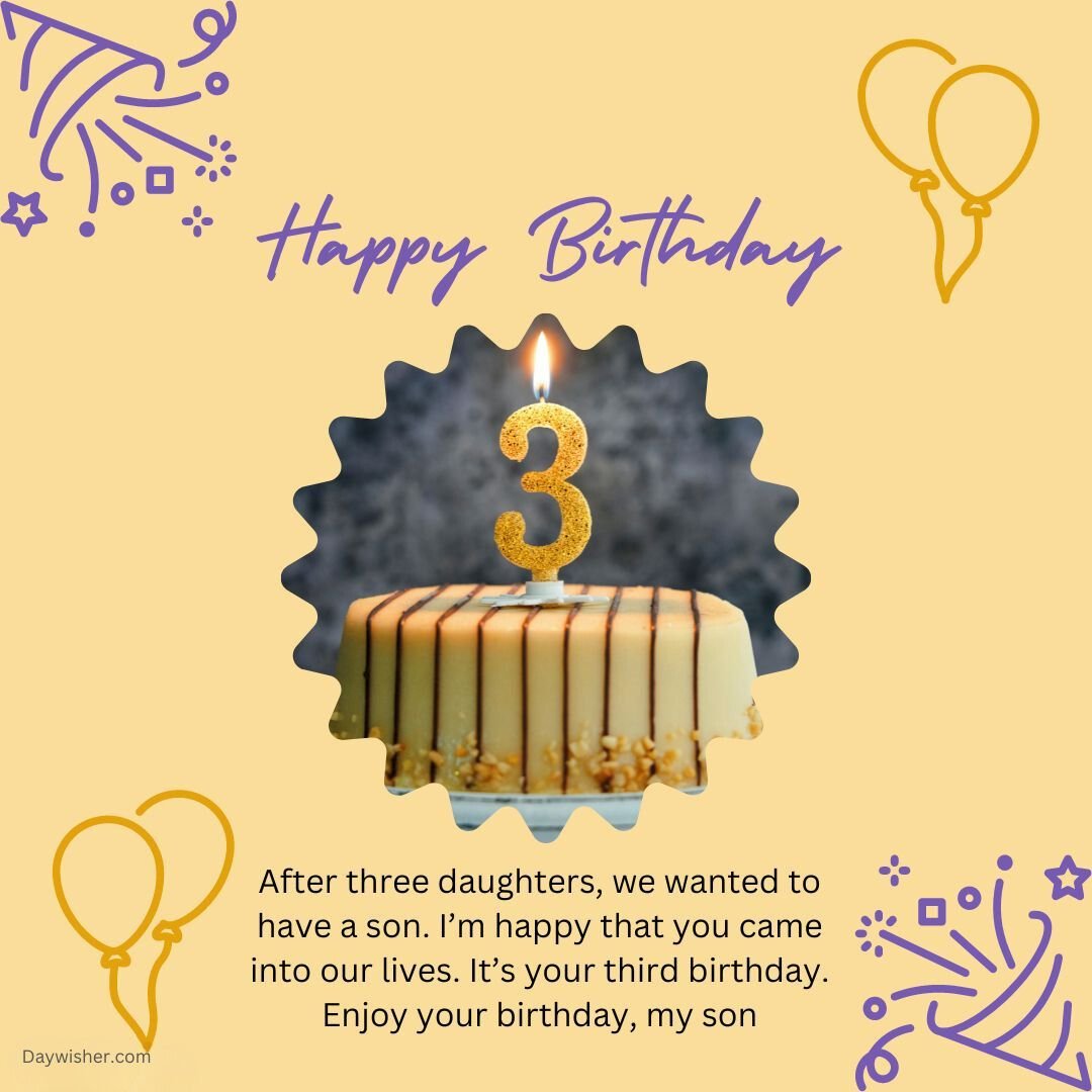 A 3rd birthday card featuring a lit candle shaped like the number 3 atop a small cake, with a heartfelt message and decorative birthday symbols like balloons and confetti around the edges.