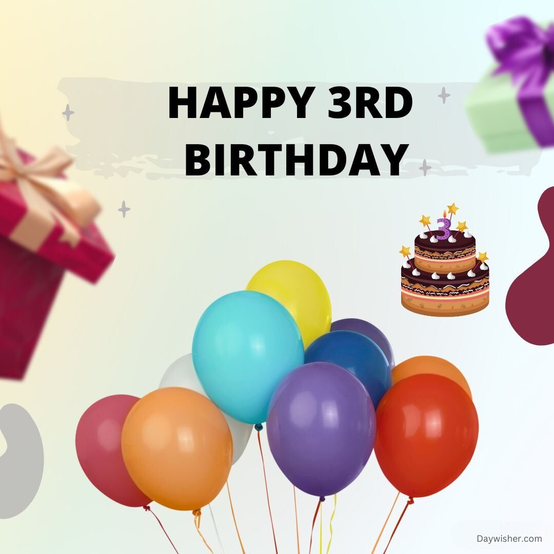 A colorful birthday card reading "Happy 3rd Birthday" with vibrant balloons, a floating gift box, and a three-tiered cake icon against a soft, pastel background, perfect for boys and