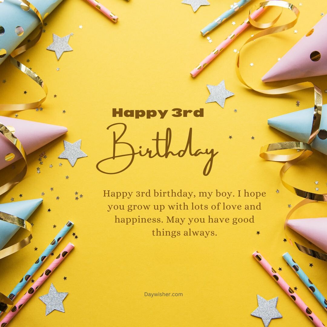 A festive birthday card reading "happy 3rd birthday" surrounded by party hats, confetti, and stars on a bright yellow background, perfect for boys and girls.