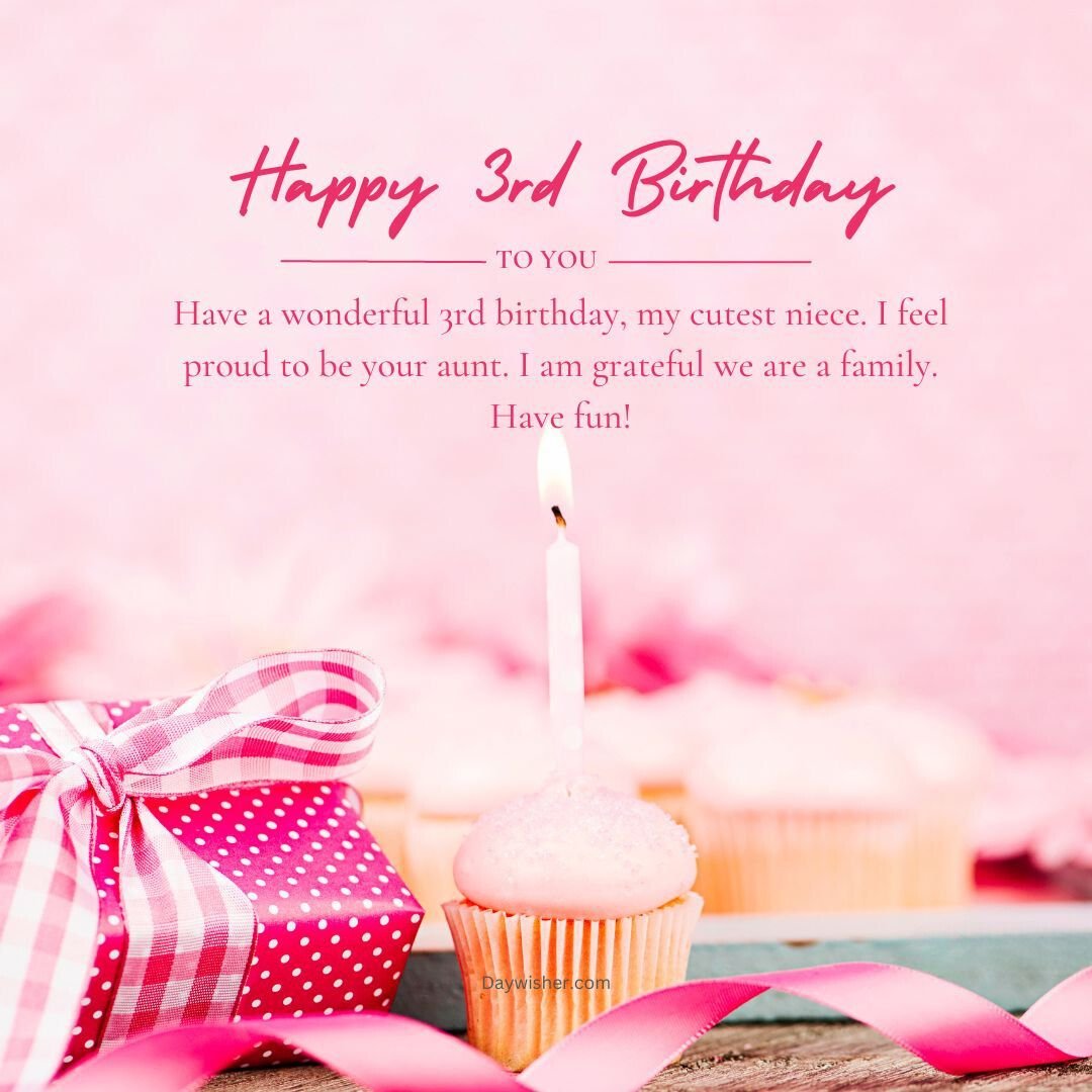A birthday card saying "Happy 3rd Birthday" in pink and white text on a pink background, featuring a cupcake and a gift, accompanied by a heartfelt message to a niece. Suitable for