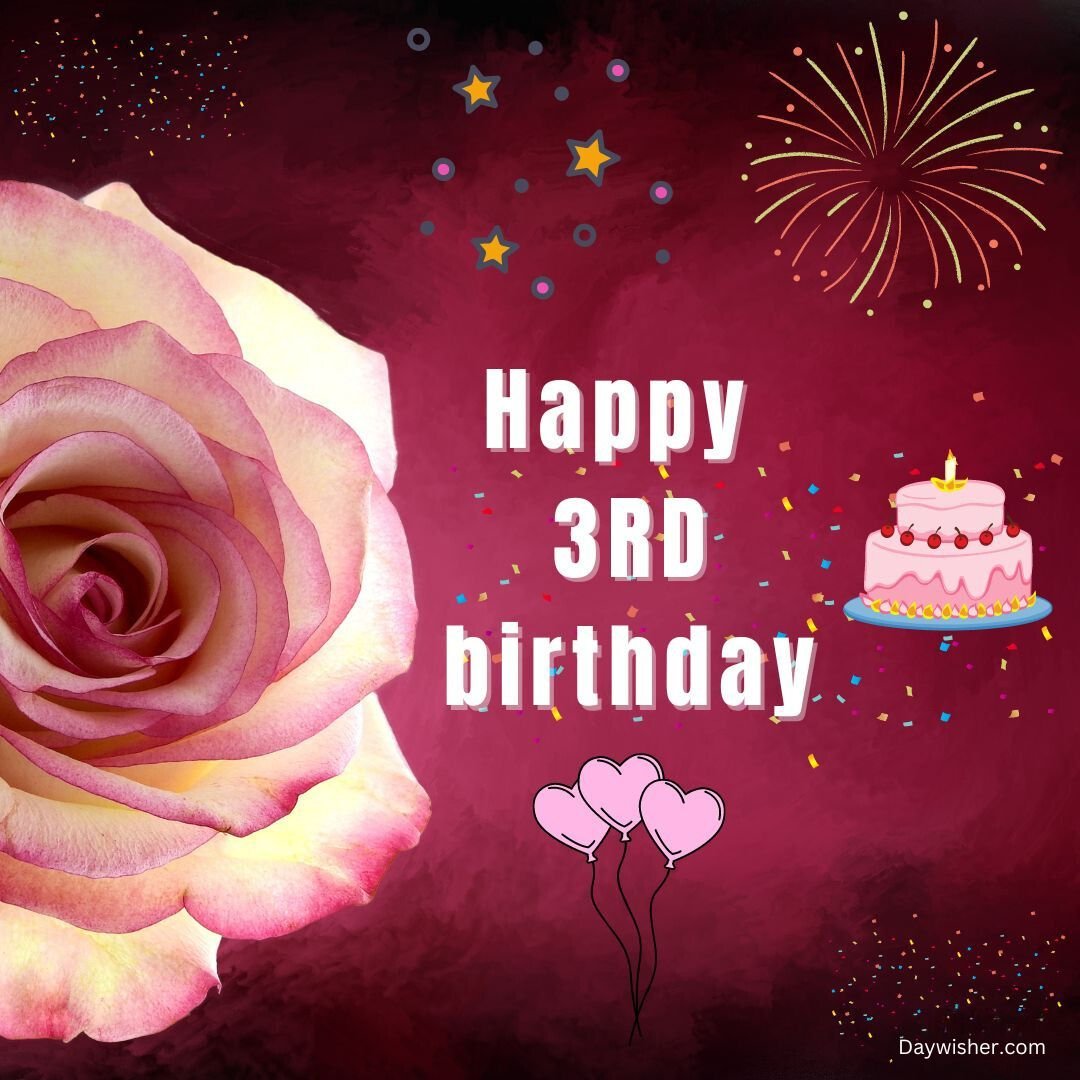 Pink birthday greeting card featuring a large rose, a birthday cake, and balloons with the text "Happy 3rd Birthday" on a dark red background adorned with colorful stars and sparkles. Suitable for