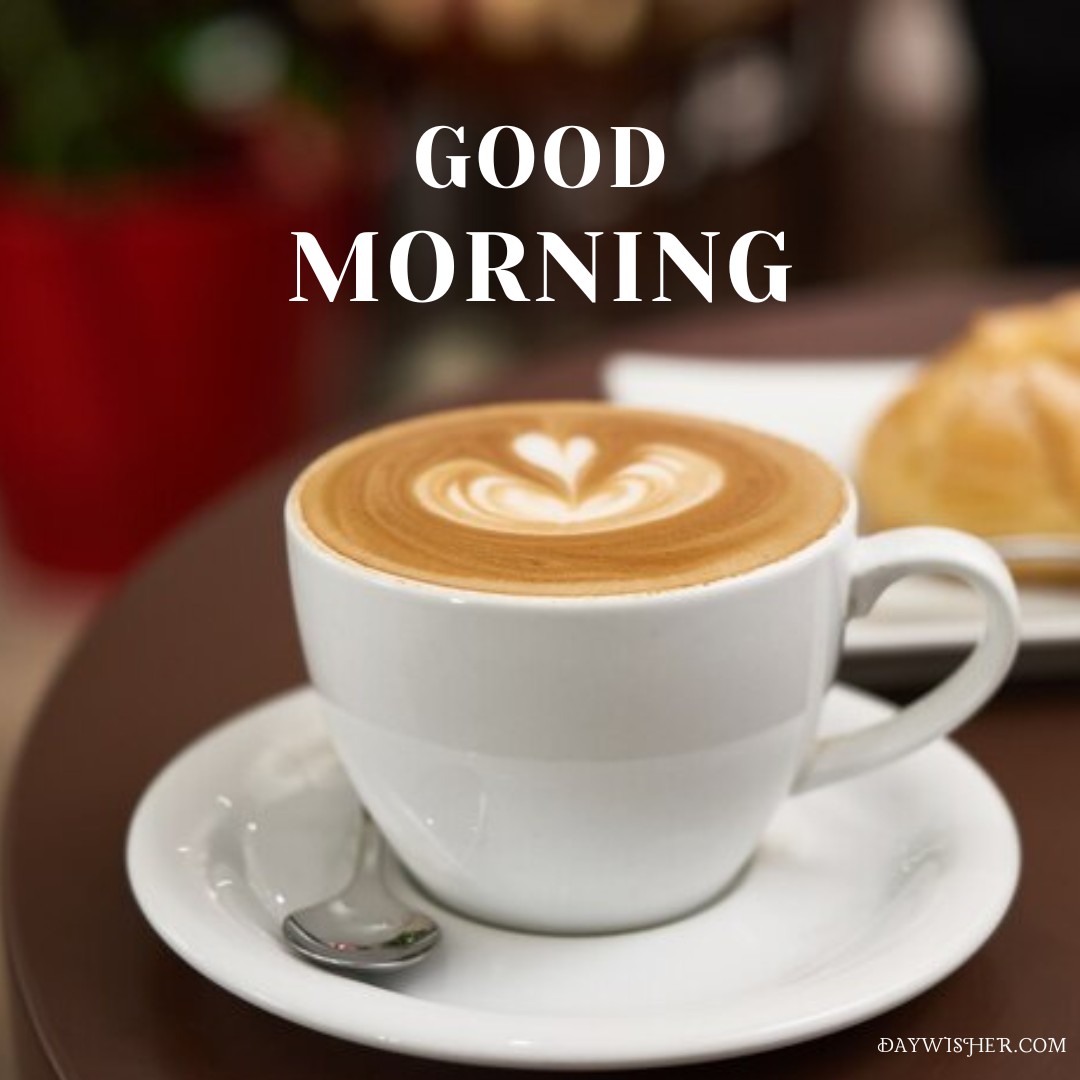 Savor the start of your day with this classic good morning coffee image, displaying a perfect heart-shaped latte art in a white cup, poised on a saucer with a café backdrop, invoking a warm and welcoming atmosphere for your morning routine.