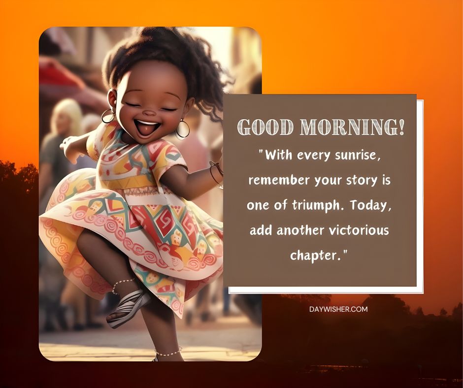 An image of a joyful African American doll, dressed in a colorful dress, raising one leg in excitement against a sunset background. A text overlay reads, "Good morning! With every sunrise, remember your