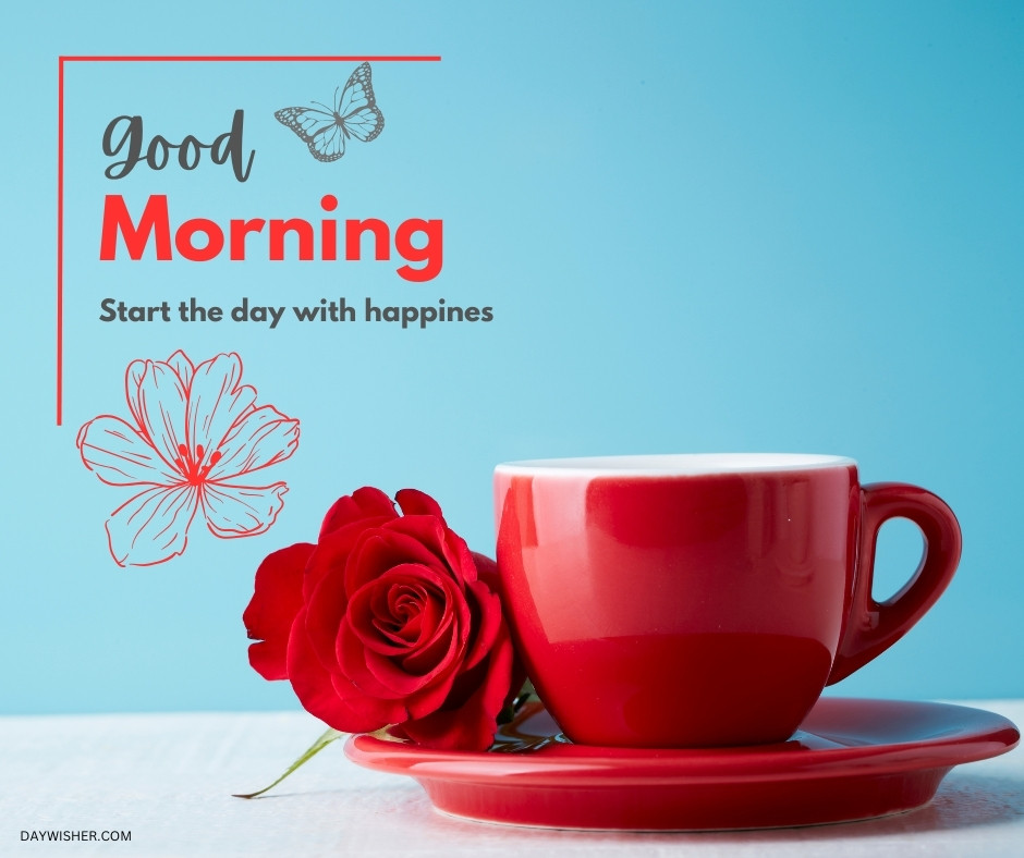 A vibrant red coffee cup with a saucer, next to a beautiful red rose, set against a soft blue background with inspirational text "Good Morning - Start the day with happiness". This image is perfect for those looking for good morning coffee images that inspire positivity and joy right from the start of the day.