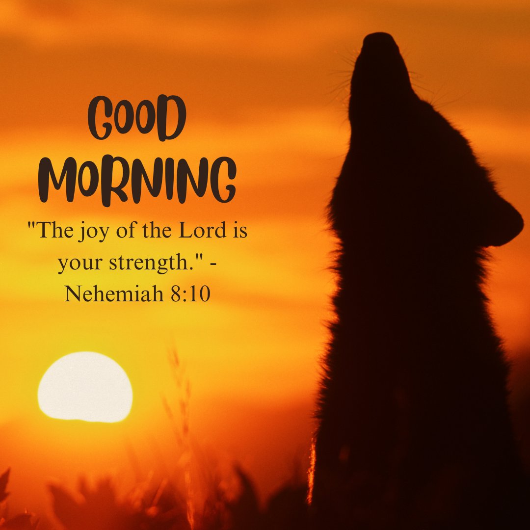 A beautiful good morning blessings image featuring a silhouette of a wolf howling against a vibrant orange sunrise with the message "Good Morning. 'The joy of the Lord is your strength.' - Nehemiah 8:10." The striking sunrise and the uplifting Bible verse create an inspirational atmosphere, perfect for sharing religious and motivational morning greetings. This image conveys a sense of strength and divine joy, making it ideal for starting the day with positivity and faith.