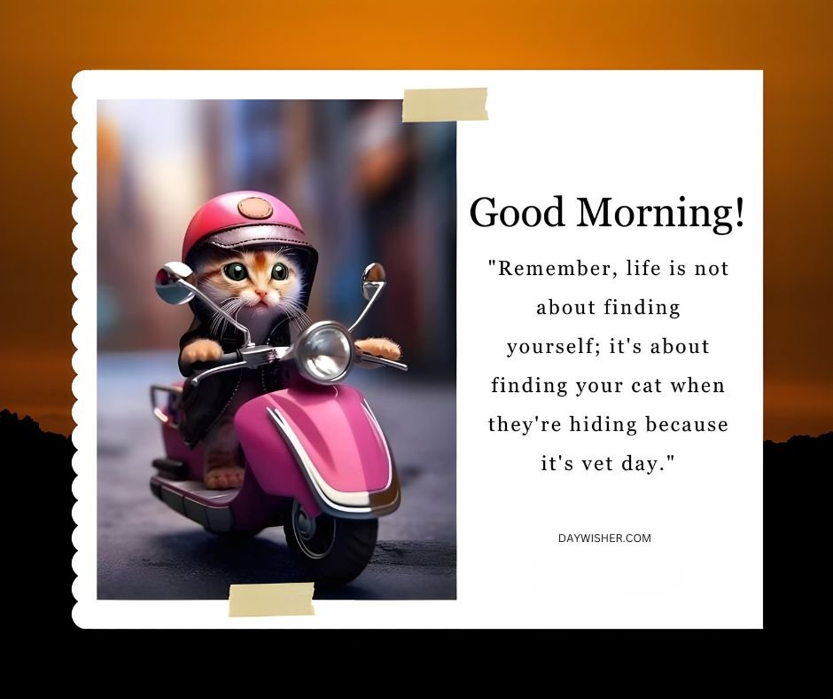 A humorous Good Morning Cat Image of a kitten wearing a helmet, riding a pink scooter with the caption "Good morning! Remember, life is not about finding yourself; it's about finding your cat when