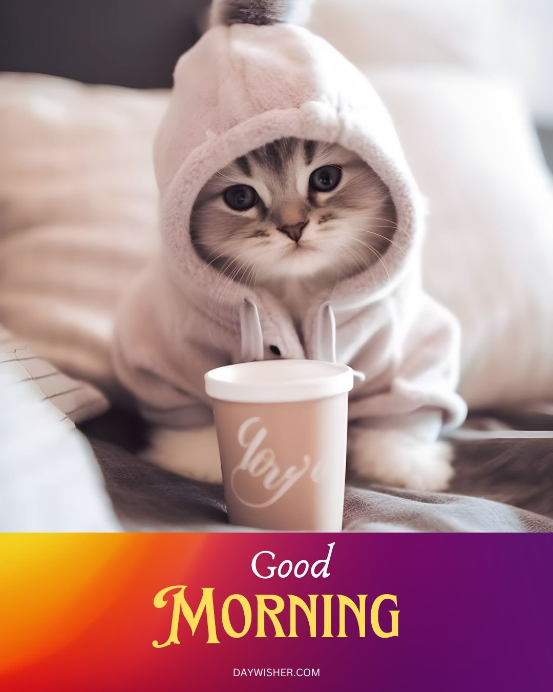 A cute cat in a hoodie sitting next to a coffee cup with "joy" written on it, under a "Good Morning" greeting against a gradient background.