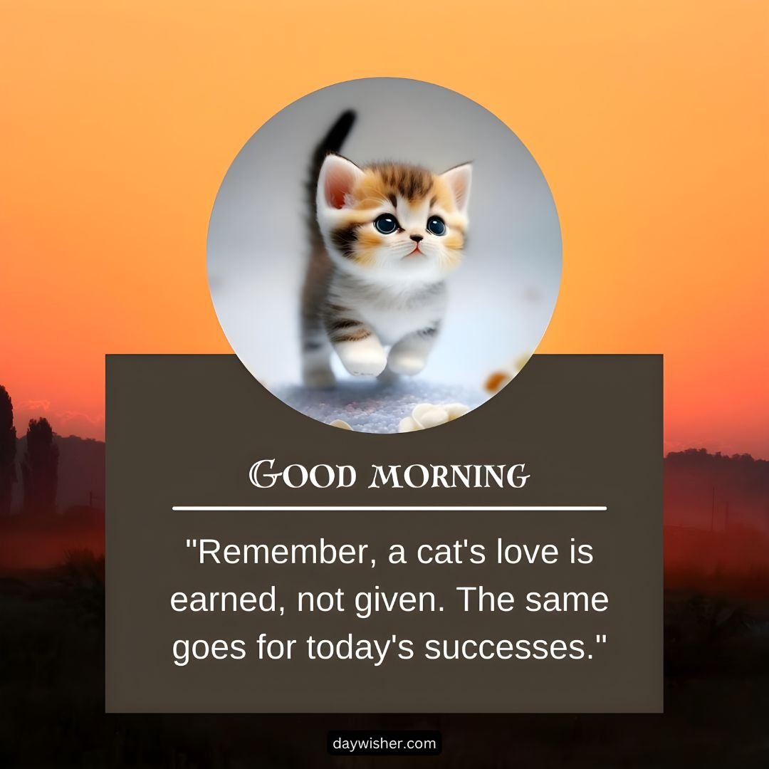 A small kitten sits in front of a vibrant orange dawn, with the text "Good Morning" and a motivational quote about earning love and success.