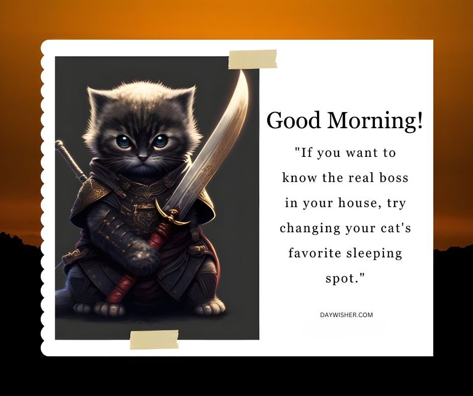 Image of a kitten dressed as a samurai against a sunset background, with a quote saying, "Good Morning! If you want to know the real boss in your house, try changing your