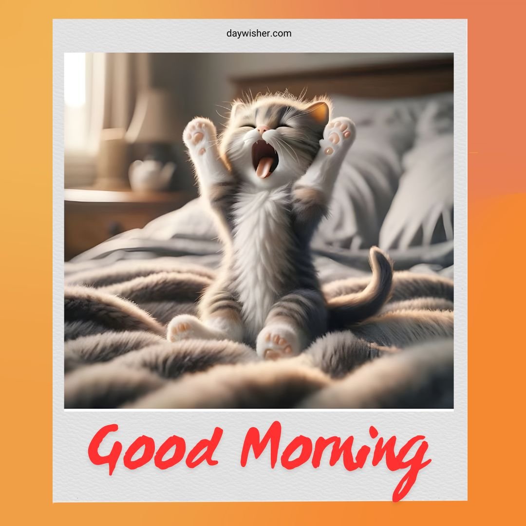 A joyful kitten stretches and yawns on a cozy blanket with "Good Morning" text above, set in a warmly lit bedroom ambiance.